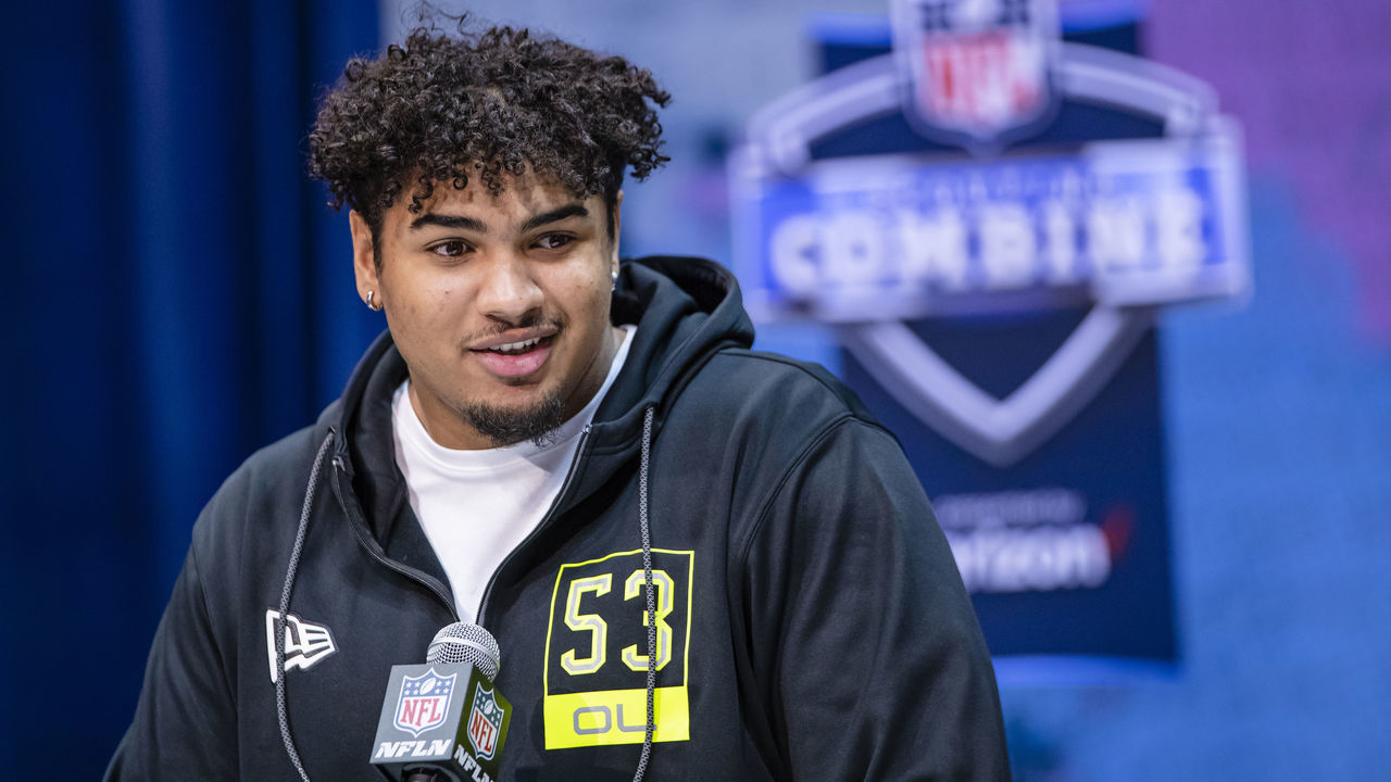 INDIANAPOLIS, IN - FEBRUARY 26: Tristan Wirfs #OL53 of the Iowa Hawkeyes speaks to the media at the Indiana Convention Center on February 26, 2020 in Indianapolis, Indiana. *** Local caption *** Tristan Wirfs