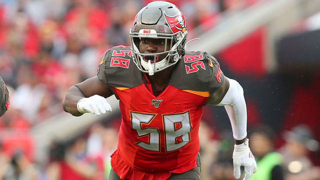 TAMPA, FL - DEC 21: Shaquil Barrett (58) of the Bucs rushes the passer during the regular season game between the Houston Texans and the Tampa Bay Buccaneers on December 21, 2019 at Raymond James Stadium in Tampa, Florida.