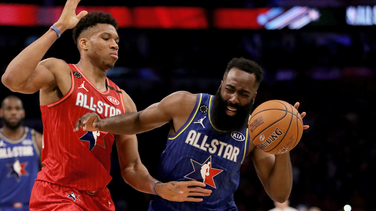 CHICAGO, ILLINOIS - FEBRUARY 16: James Harden #2 of Team LeBron dribbles the ball while being guarded by Giannis Antetokounmpo #24 of Team Giannis in the fourth quarter during the 69th NBA All-Star Game at the United Center on February 16, 2020 in Chicago, Illinois.
