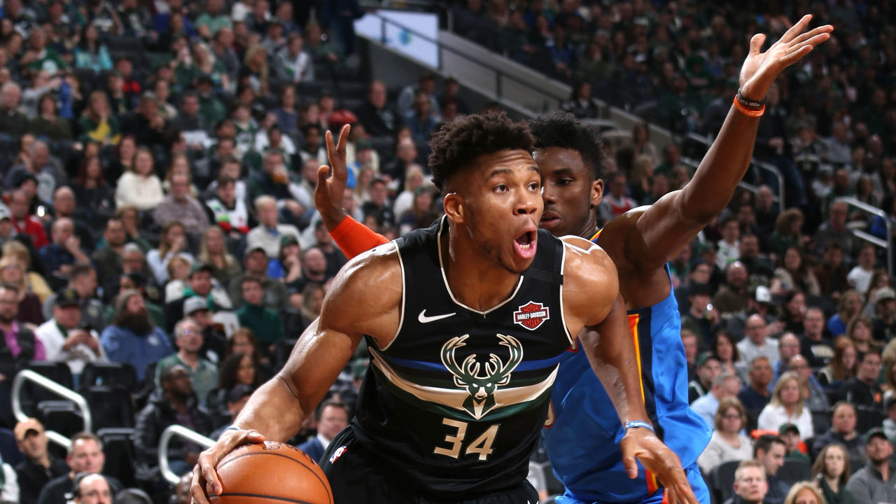 MILWAUKEE, WI - FEBRUARY 28: Giannis Antetokounmpo #34 of the Milwaukee Bucks drives to the basket against the Oklahoma City Thunder on February 28, 2020 at the Fiserv Forum Center in Milwaukee, Wisconsin. Mandatory Copyright Notice: Copyright 2020 NBAE .