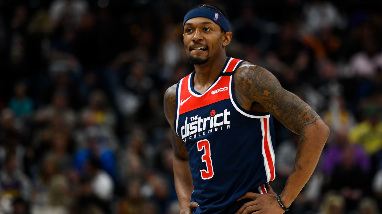 SALT LAKE CITY, UT - FEBRUARY 28: Bradley Beal #3 of the Washington Wizards looks on during a game against the Utah Jazz at Vivint Smart Home Arena on February 28, 2020 in Salt Lake City, Utah. NOTE TO USER: User expressly acknowledges and agrees that, by downloading and/or using this photograph, user is consenting to the terms and conditions of the Getty Images License Agreement.