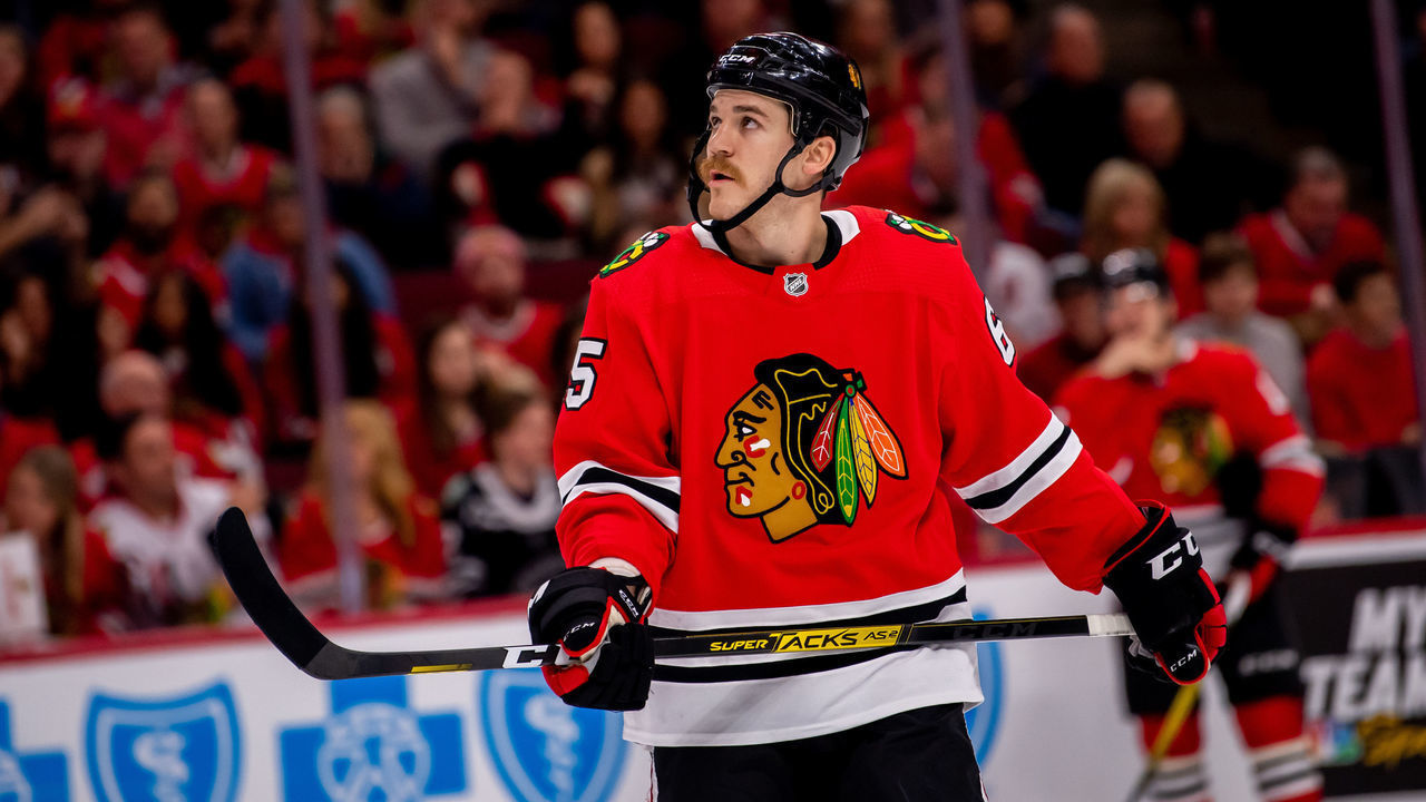 CHICAGO, IL - NOVEMBER 26: Chicago Blackhawks center Andrew Shaw (65) looks on during a game between the Dallas Stars and the Chicago Blackhawks on November 26, 2019, at the United Center in Chicago, IL.