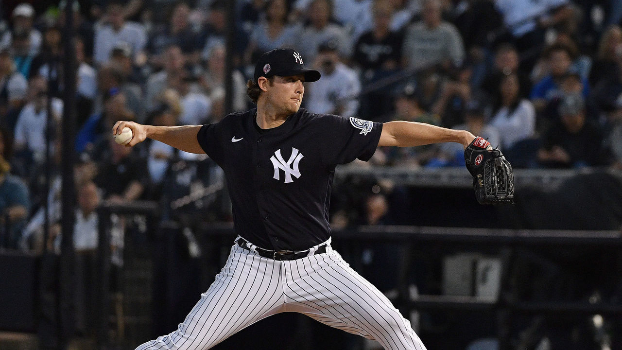 TAMPA, FLORIDA - FEBRUARY 24: Gerrit Cole #45 of the New York Yankees delivers a pitch in the first inning during the spring training game against the Pittsburgh Pirates at Steinbrenner Field on February 24, 2020 in Tampa, Florida.
