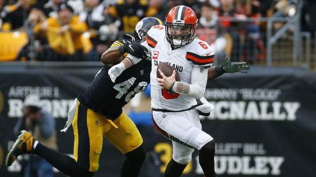 PITTSBURGH, PA - DECEMBER 01: Bud Dupree #48 of the Pittsburgh Steelers strip sacks Baker Mayfield #6 of the Cleveland Browns in the second half on December 1, 2019 at Heinz Field in Pittsburgh, Pennsylvania.