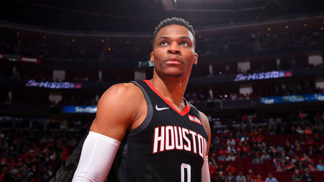 HOUSTON, TX - FEBRUARY 11: Russell Westbrook #0 of the Houston Rockets looks on prior to a game against the Boston Celtics on February 11, 2020 at the Toyota Center in Houston, Texas. Mandatory Copyright Notice: Copyright 2020 NBAE