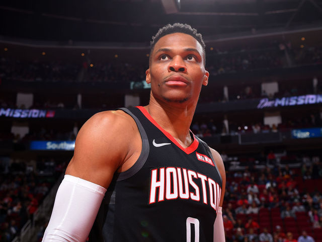 HOUSTON, TX - FEBRUARY 11: Russell Westbrook #0 of the Houston Rockets looks on prior to a game against the Boston Celtics on February 11, 2020 at the Toyota Center in Houston, Texas. Mandatory Copyright Notice: Copyright 2020 NBAE