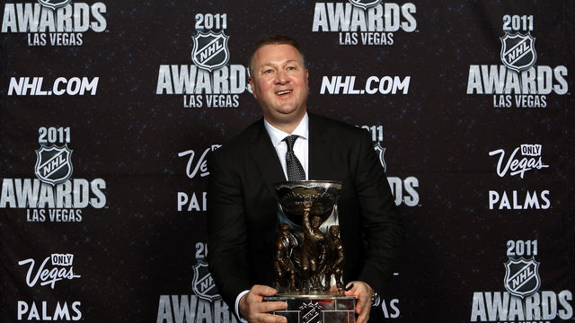 LAS VEGAS, NV - JUNE 22: General Manager Mike Gillis of the Vancouver Canucks poses after winning the NHL General Manager of the Year Award during the 2011 NHL Awards at The Pearl concert theater at the Palms Casino Resort June 22, 2011 in Las Vegas, Nevada.