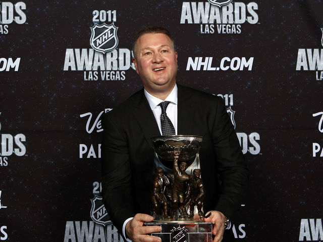 LAS VEGAS, NV - JUNE 22: General Manager Mike Gillis of the Vancouver Canucks poses after winning the NHL General Manager of the Year Award during the 2011 NHL Awards at The Pearl concert theater at the Palms Casino Resort June 22, 2011 in Las Vegas, Nevada.