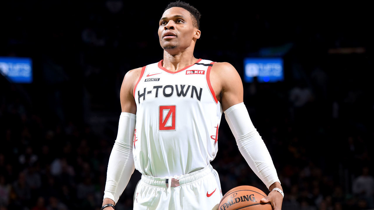BOSTON, MA - FEBRUARY 29: Russell Westbrook #0 of the Houston Rockets shoots a free throw during a game against the Boston Celtics on February 29, 2020 at the TD Garden in Boston, Massachusetts. Mandatory Copyright Notice: Copyright 2020 NBAE
