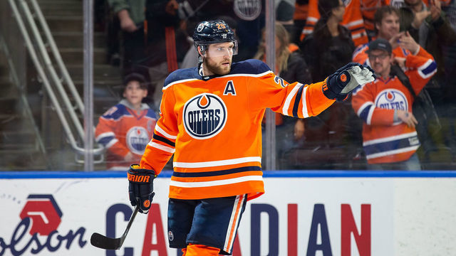 EDMONTON, AB - FEBRUARY 11: Leon Draisaitl #29 of the Edmonton Oilers celebrates his empty net goal against the Chicago Blackhawks at Rogers Place on February 11, 2020, in Edmonton, Canada.
