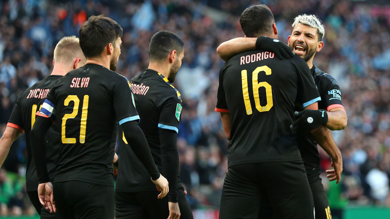 LONDON, ENGLAND - MARCH 01: Rodrigo of Manchester City celebrates with teammate Sergio Aguero after scoring his sides second goal during the Carabao Cup Final between Aston Villa and Manchester City at Wembley Stadium on March 01, 2020 in London, England.