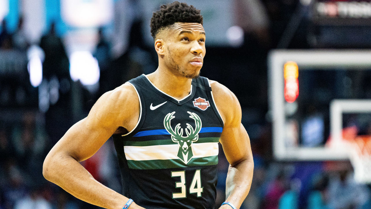 CHARLOTTE, NORTH CAROLINA - MARCH 01: Giannis Antetokounmpo #34 of the Milwaukee Bucks looks on before their game against the Charlotte Hornets at Spectrum Center on March 01, 2020 in Charlotte, North Carolina. NOTE TO USER: User expressly acknowledges and agrees that, by downloading and/or using this photograph, user is consenting to the terms and conditions of the Getty Images License Agreement.