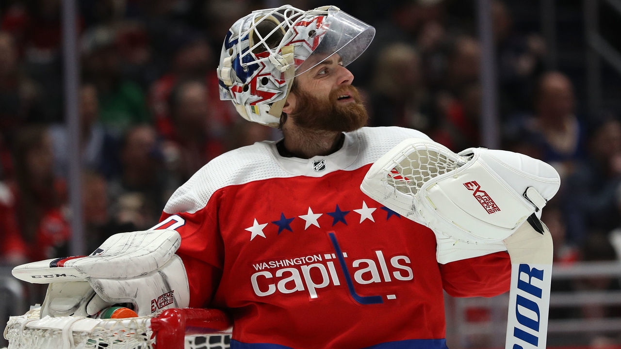 WASHINGTON, DC - FEBRUARY 23: Braden Holtby #70 of the Washington Capitals looks on against the Pittsburgh Penguins during the first period at Capital One Arena on February 23, 2020 in Washington, DC.