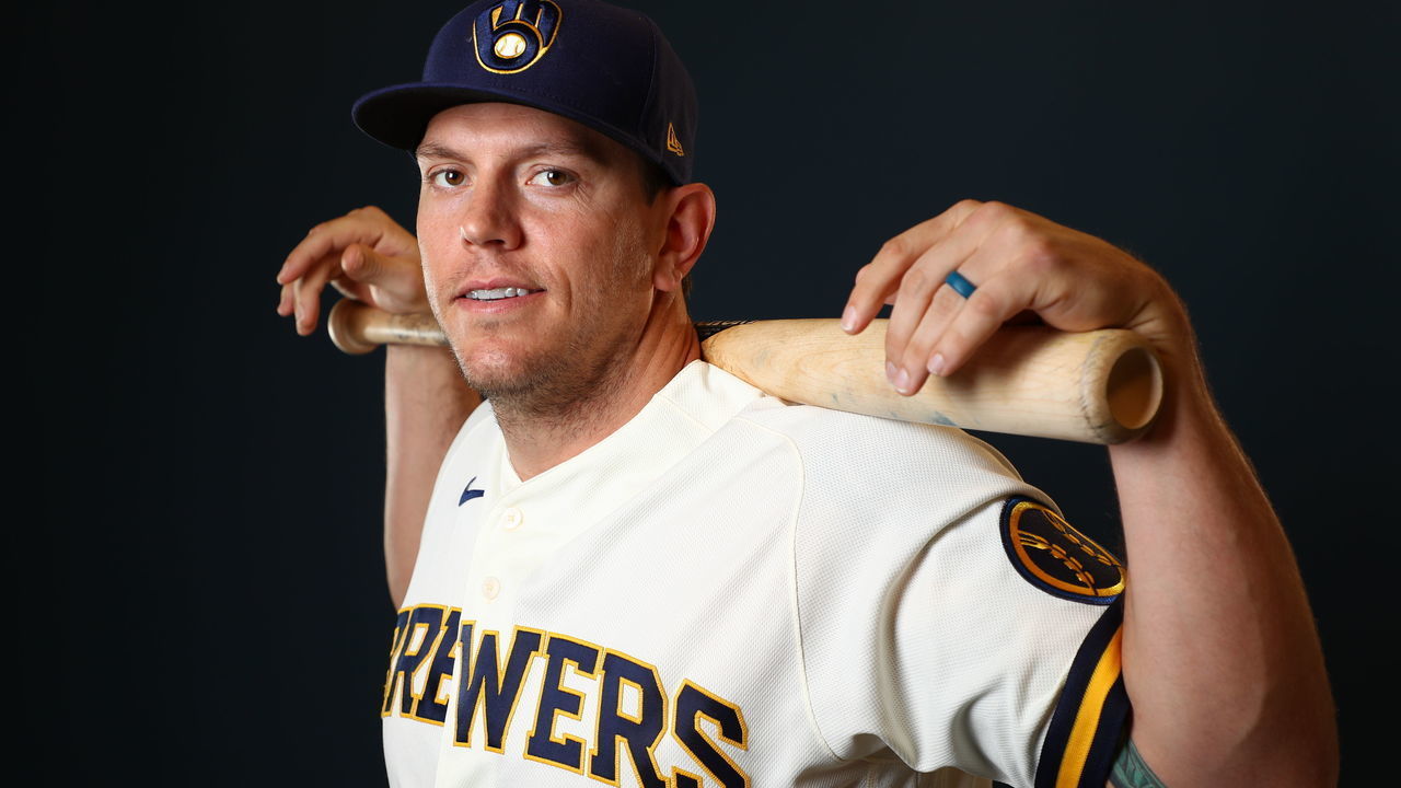PHOENIX, AZ - FEBRUARY 19: Logan Morrison #21 of the Milwaukee Brewers poses during the Milwaukee Brewers Photo Day on February 19, 2020 in Phoenix, Arizona.
