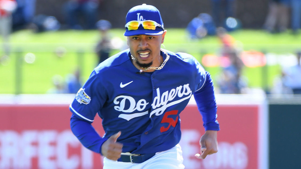 GLENDALE, ARIZONA - FEBRUARY 26: Mookie Betts #50 of the Los Angeles Dodgers prepares for a spring training game against the Los Angeles Angels at Camelback Ranch on February 26, 2020 in Glendale, Arizona.