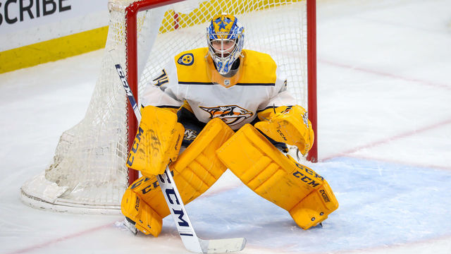 WINNIPEG, MANITOBA - JANUARY 12: Goaltender Juuse Saros #74 of the Nashville Predators guards the net during second period action against the Winnipeg Jets at Bell MTS Place on January 12, 2020 in Winnipeg, Canada.