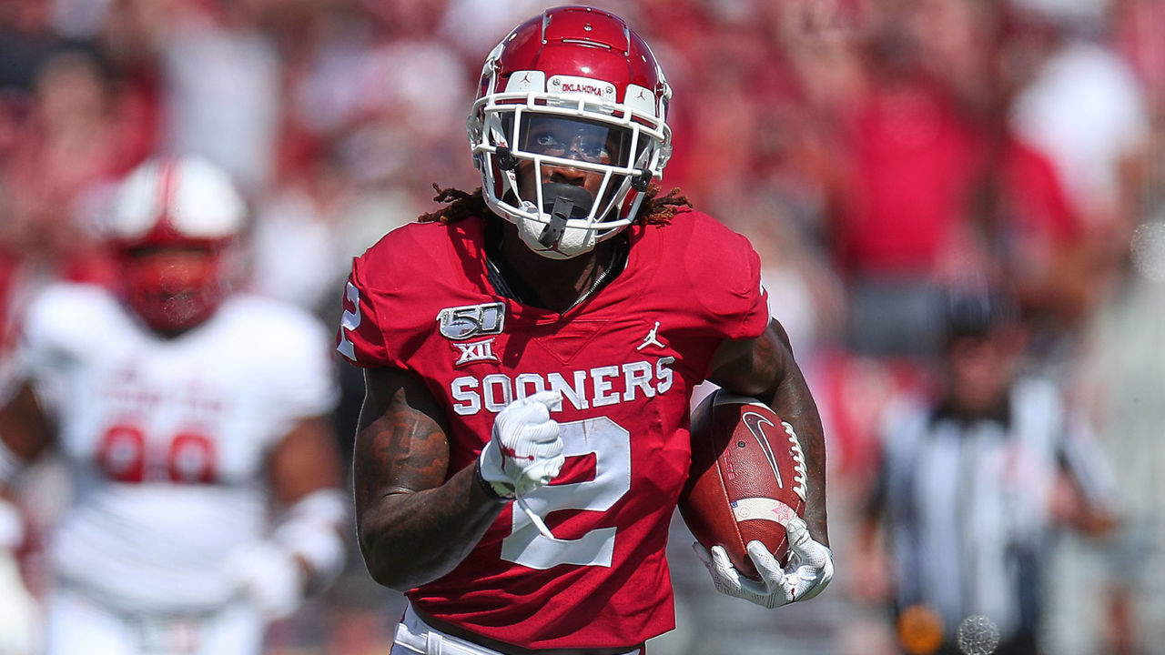 NORMAN, OK - SEPTEMBER 28: Oklahoma Sooners WR Ceedee Lamb (2) makes a dash toward the goal line during a college football game between the Oklahoma Sooners and the Texas Tech Red Raiders on September 28, 2019, at Memorial Stadium in Norman, OK.