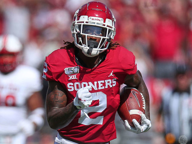 NORMAN, OK - SEPTEMBER 28: Oklahoma Sooners WR Ceedee Lamb (2) makes a dash toward the goal line during a college football game between the Oklahoma Sooners and the Texas Tech Red Raiders on September 28, 2019, at Memorial Stadium in Norman, OK.