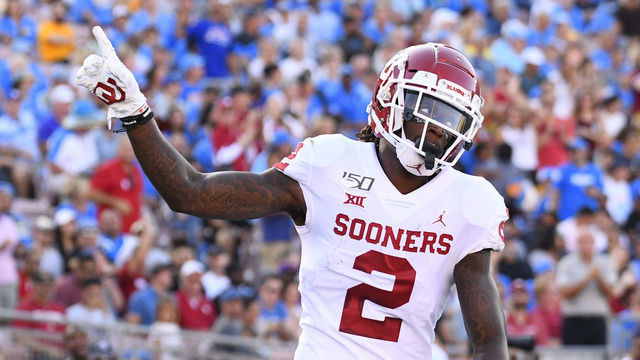 PASADENA, CA - SEPTEMBER 14: Oklahoma (2) CeeDee Lamb (WR celebrates a touchdown during the college football game between the Oklahoma Sooners and the UCLA Bruins on September 14, 2019, at Rose Bowl in Pasadena, CA.