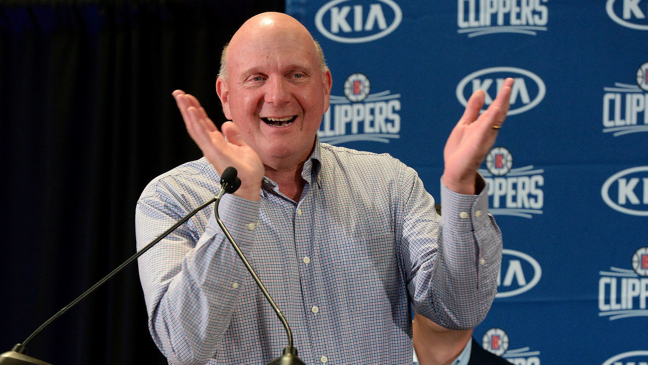 LOS ANGELES, CA - JULY 24: Owner Steve Ballmer of the LA Clippers talks at the LA Clippers Introductory Press Conference at Green Meadows Recreation Center on July 24, 2019 in Los Angeles, California. NOTE TO USER: User expressly acknowledges and agrees that, by downloading and/or using this Photograph, user is consenting to the terms and conditions of the Getty Images License Agreement. Mandatory Copyright Notice: Copyright 2019 NBAE
