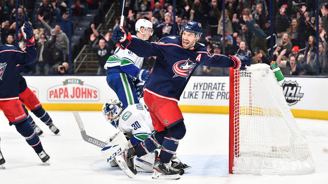 COLUMBUS, OH - MARCH 1: Boone Jenner #38 of the Columbus Blue Jackets reacts after the Columbus Blue Jackets score a go-ahead goal during the third period of a game against the Vancouver Canucks on March 1, 2020 at Nationwide Arena in Columbus, Ohio.