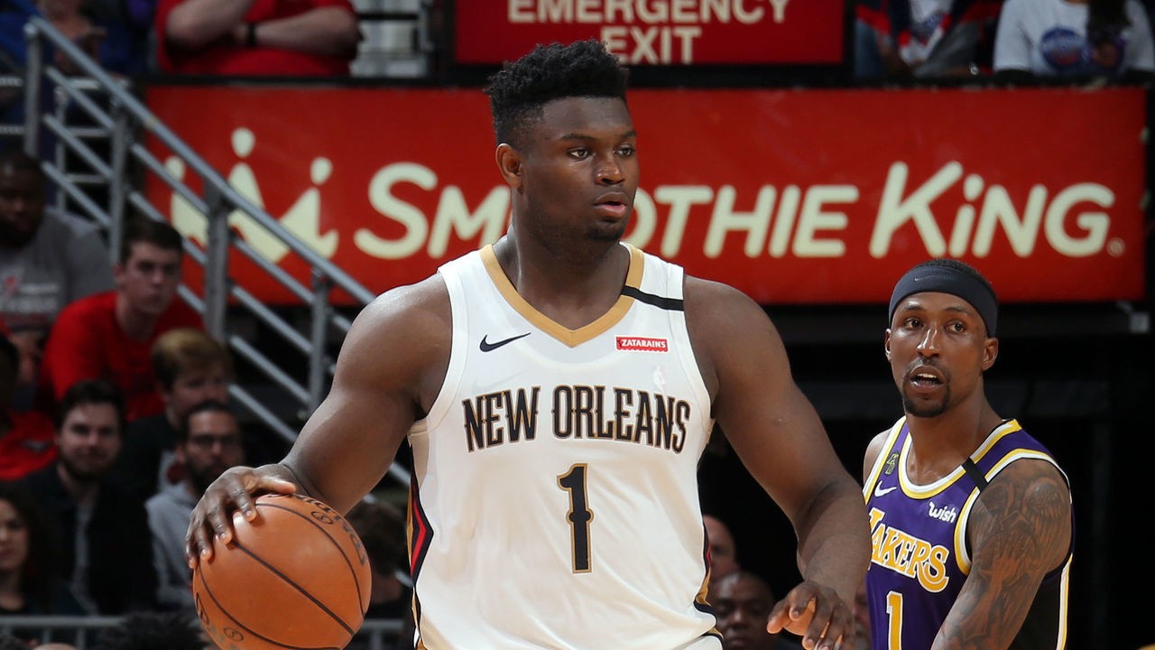 NEW ORLEANS, LA - MARCH 1: Zion Williamson #1 of the New Orleans Pelicans handles the ball during the game against the Los Angeles Lakers on March 1, 2020 at the Smoothie King Center in New Orleans, Louisiana. Mandatory Copyright Notice: Copyright 2020 NBAE