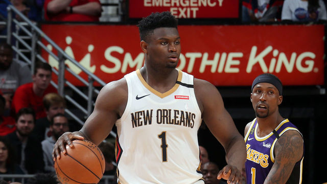 NEW ORLEANS, LA - MARCH 1: Zion Williamson #1 of the New Orleans Pelicans handles the ball during the game against the Los Angeles Lakers on March 1, 2020 at the Smoothie King Center in New Orleans, Louisiana. Mandatory Copyright Notice: Copyright 2020 NBAE
