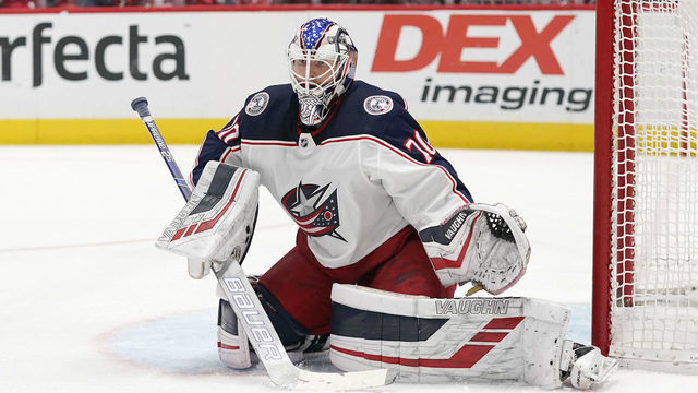 WASHINGTON, DC - DECEMBER 27: Joonas Korpisalo #70 of the Columbus Blue Jackets in action in the first period against the Washington Capitals at Capital One Arena on December 27, 2019 in Washington, DC.