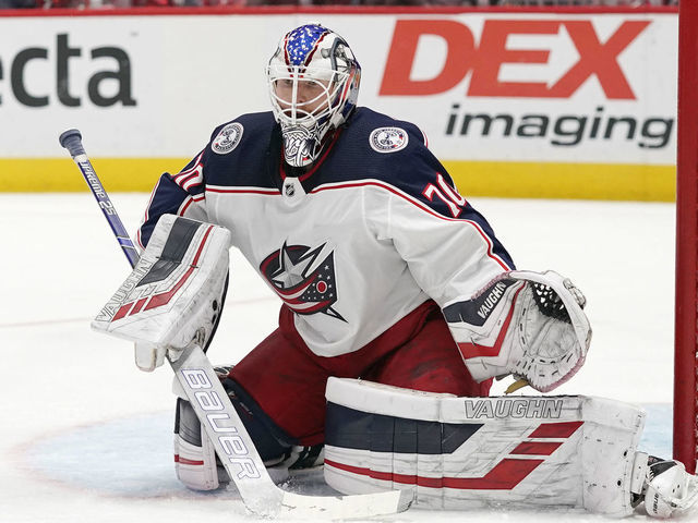 WASHINGTON, DC - DECEMBER 27: Joonas Korpisalo #70 of the Columbus Blue Jackets in action in the first period against the Washington Capitals at Capital One Arena on December 27, 2019 in Washington, DC.