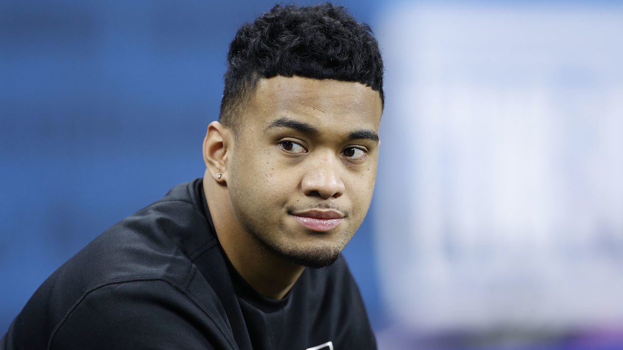 INDIANAPOLIS, IN - FEBRUARY 27: Quarterback Tua Tagovailoa of Alabama looks on during the NFL Scouting Combine at Lucas Oil Stadium on February 27, 2020 in Indianapolis, Indiana.