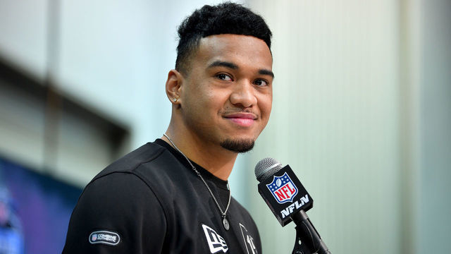 INDIANAPOLIS, INDIANA - FEBRUARY 25: Tua Tagovailoa #QB17 of Alabama interviews during the first day of the NFL Scouting Combine at Lucas Oil Stadium on February 25, 2020 in Indianapolis, Indiana.