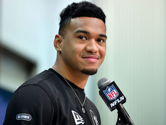 INDIANAPOLIS, INDIANA - FEBRUARY 25: Tua Tagovailoa #QB17 of Alabama interviews during the first day of the NFL Scouting Combine at Lucas Oil Stadium on February 25, 2020 in Indianapolis, Indiana.