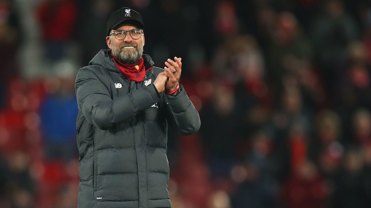 LIVERPOOL, ENGLAND - FEBRUARY 24: Jurgen Klopp the head coach / manager of Liverpool celebrates the 3-2 victory during the Premier League match between Liverpool FC and West Ham United at Anfield on February 24, 2020 in Liverpool, United Kingdom.