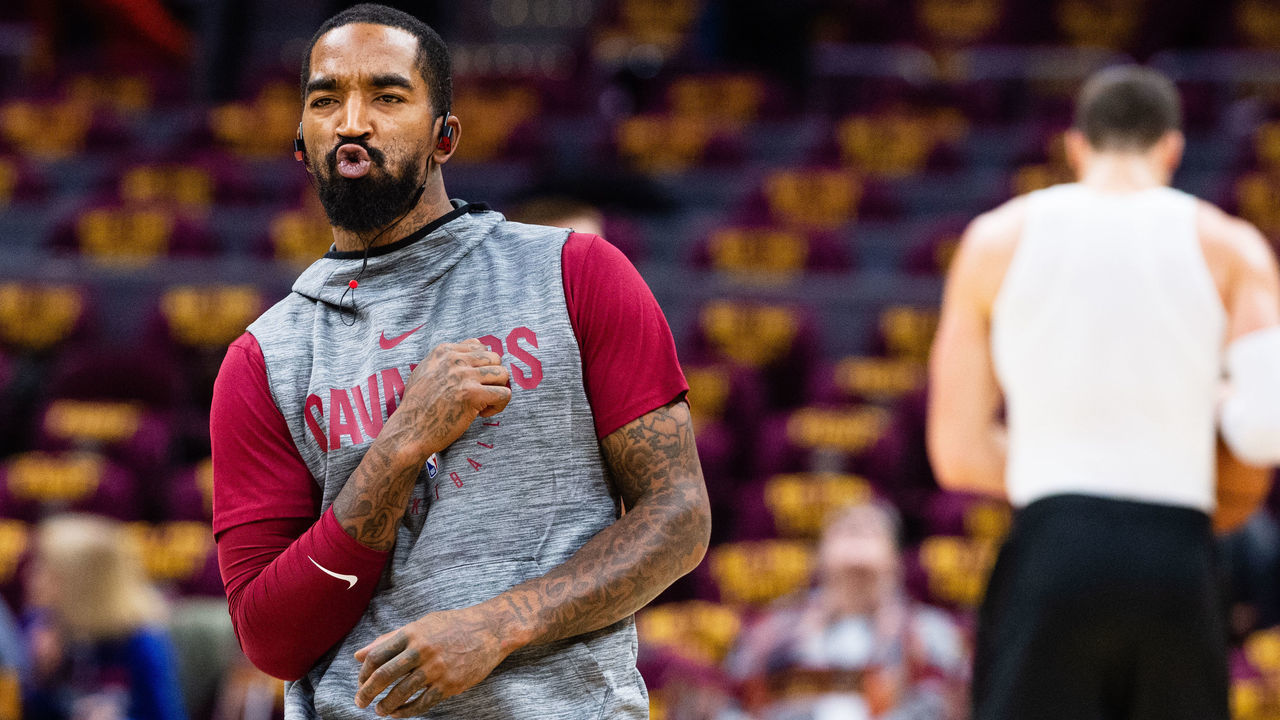 CLEVELAND, OH - OCTOBER 21: JR Smith #5 of the Cleveland Cavaliers reacts after narrowly missing a half court shot during warms ups prior to the game against the Atlanta Hawks at Quicken Loans Arena on October 21, 2018 in Cleveland, Ohio. NOTE TO USER: User expressly acknowledges and agrees that, by downloading and/or using this photograph, user is consenting to the terms and conditions of the Getty Images License Agreement.