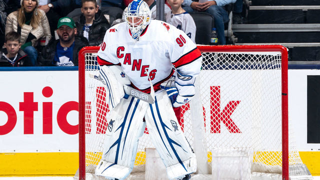 TORONTO, ON - FEBRUARY 22: Emergency backup goaltender Dave Ayres #90 of the Carolina Hurricanes looks on against the -Toronto Maple Leafs during the third period at the Scotiabank Arena on February 22, 2020 in Toronto, Ontario, Canada.