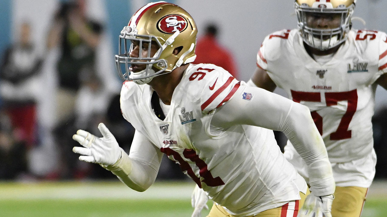 MIAMI, FLORIDA - FEBRUARY 02: Arik Armstead #91 of the San Francisco 49ers pursues the play against the Kansas City Chiefs in Super Bowl LIV at Hard Rock Stadium on February 02, 2020 in Miami, Florida. The Chiefs won the game 31-20.