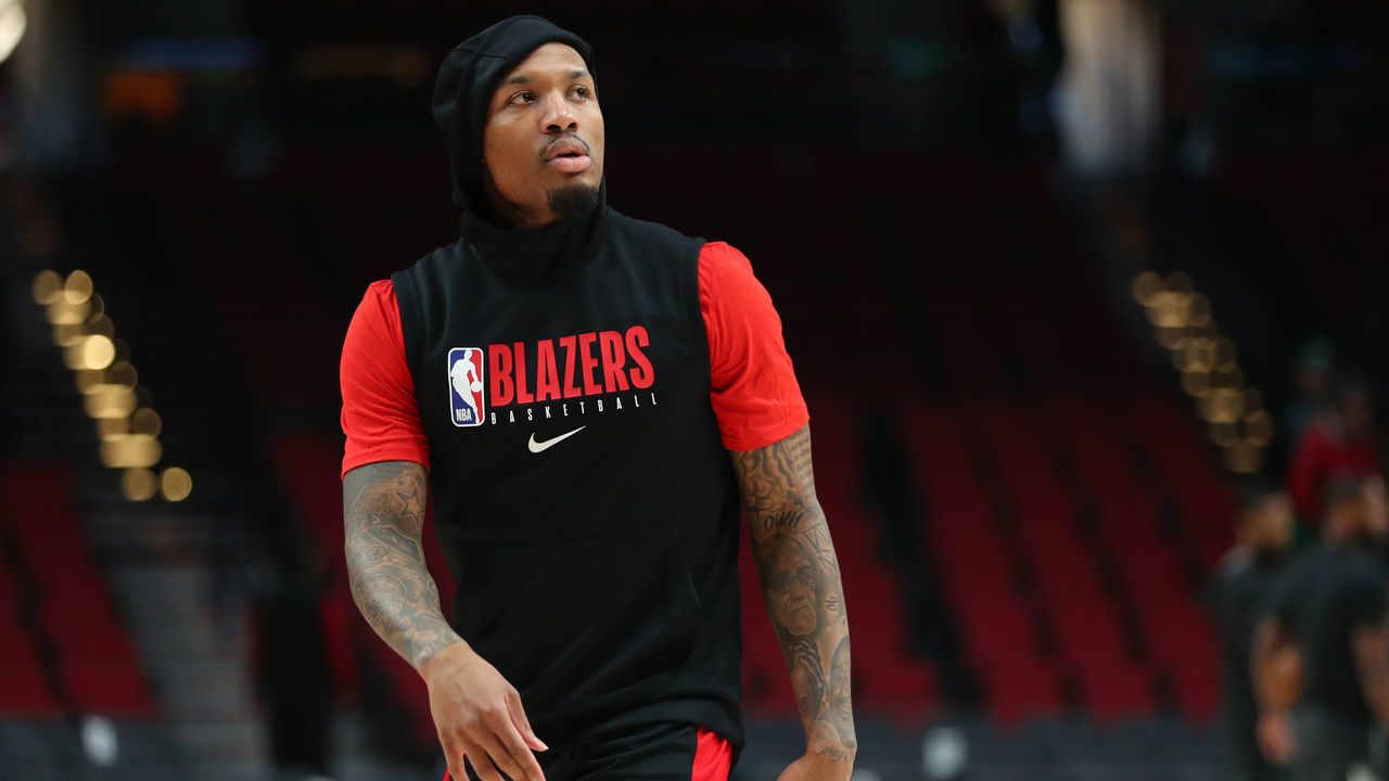 PORTLAND, OREGON - FEBRUARY 25: Damian Lillard #0 of the Portland Trail Blazers warms up prior to their game against the Boston Celtics at Moda Center on February 25, 2020 in Portland, Oregon.