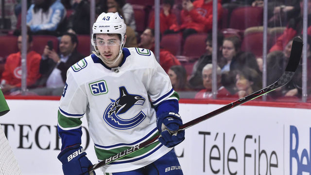 MONTREAL, QC - FEBRUARY 25: Quinn Hughes #43 of the Vancouver Canucks skates against the Montreal Canadiens during the second period at the Bell Centre on February 25, 2020 in Montreal, Canada. The Vancouver Canucks defeated the Montreal Canadiens 4-3 in overtime.