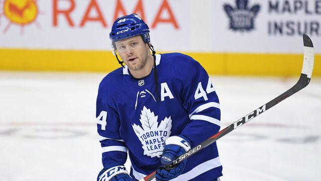 TORONTO, ON - JANUARY 06: Toronto Maple Leafs Defenceman Morgan Rielly (44) in warmups prior to the regular season NHL game between the Edmonton Oilers and Toronto Maple Leafs on January 6, 2020 at Scotiabank Arena in Toronto, ON.