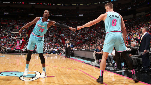 MIAMI, FL - FEBRUARY 3: Bam Adebayo #13 of the Miami Heat and Meyers Leonard #0 fist bump during the game against the Philadelphia 76ers on February 3, 2020 at American Airlines Arena in Miami, Florida. Mandatory Copyright Notice: Copyright 2020 NBAE