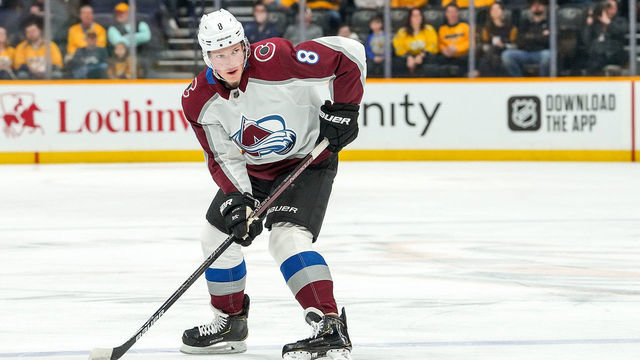 NASHVILLE, TN - FEBRUARY 29: Cale Makar #8 of the Colorado Avalanche skates against the Nashville Predators at Bridgestone Arena on February 29, 2020 in Nashville, Tennessee.