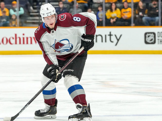 NASHVILLE, TN - FEBRUARY 29: Cale Makar #8 of the Colorado Avalanche skates against the Nashville Predators at Bridgestone Arena on February 29, 2020 in Nashville, Tennessee.