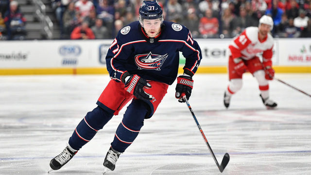 COLUMBUS, OH - NOVEMBER 21: Josh Anderson #77 of the Columbus Blue Jackets skates against the Detroit Red Wings on November 21, 2019 at Nationwide Arena in Columbus, Ohio.