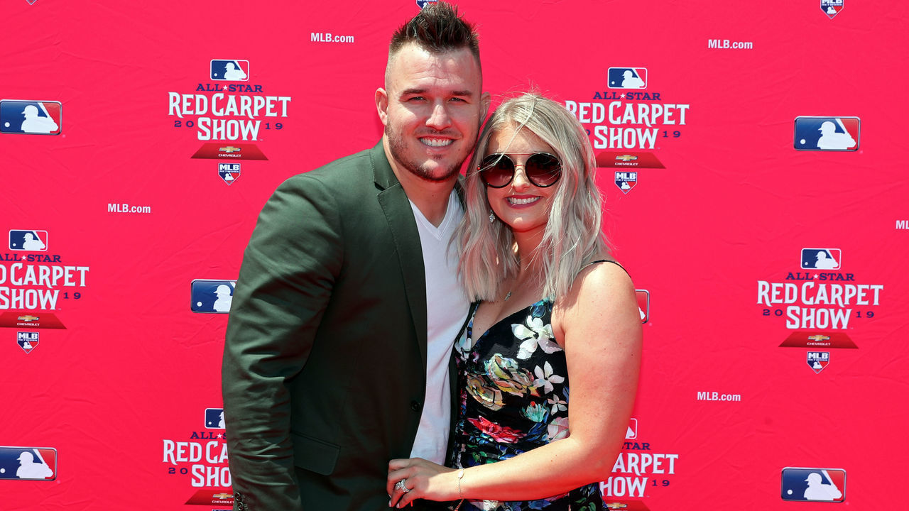 CLEVELAND, OH - JULY 09: Mike Trout #27 of the Los Angeles Angels poses for a photo with his wife Jessica Cox during the MLB Red Carpet Show presented by Chevrolet at Progressive Field on Tuesday, July 9, 2019 in Cleveland, Ohio.