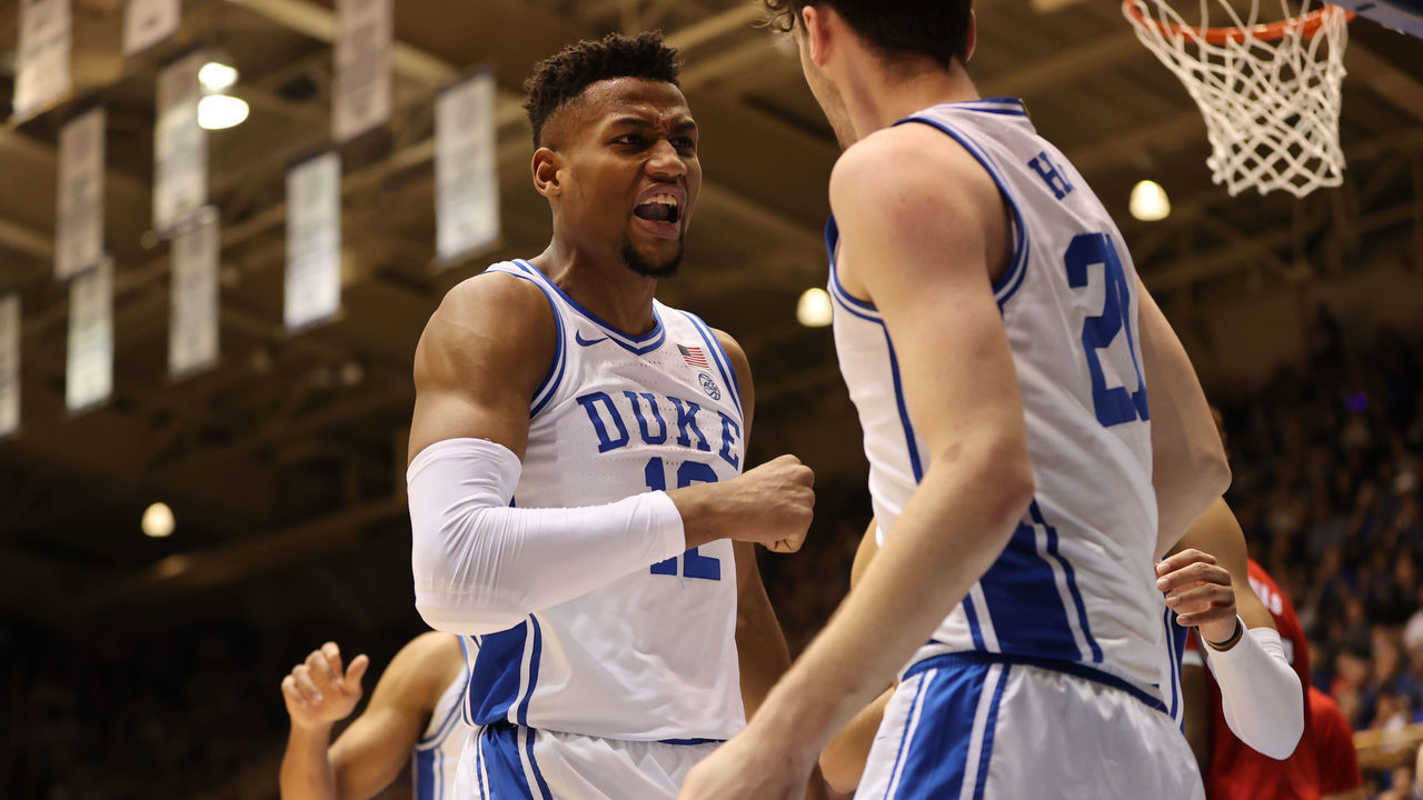 DURHAM, NC - MARCH 02: Duke Blue Devils forward Javin DeLaurier (12) and Duke Blue Devils forward Matthew Hurt (21) celebrate during the 1st half of the Duke Blue Devils game versus the NC State Wolfpack on March 2nd, 2020 at Cameron Indoor Stadium in Durham, NC.