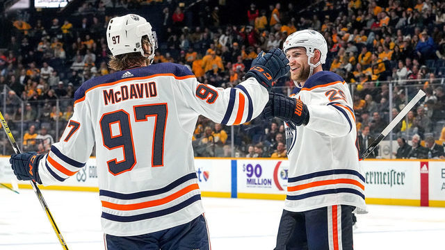 NASHVILLE, TN - MARCH 2: Leon Draisaitl #29 celebrates his goal with Connor McDavid #97 of the Edmonton Oilers against the Nashville Predators at Bridgestone Arena on March 2, 2020 in Nashville, Tennessee.