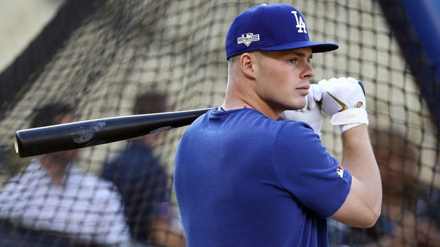 LOS ANGELES, CALIFORNIA - OCTOBER 04: Gavin Lux #48 of the Los Angeles Dodgers takes batting practice before game two of the National League Division Series against the Washington Nationals at Dodger Stadium on October 04, 2019 in Los Angeles, California.