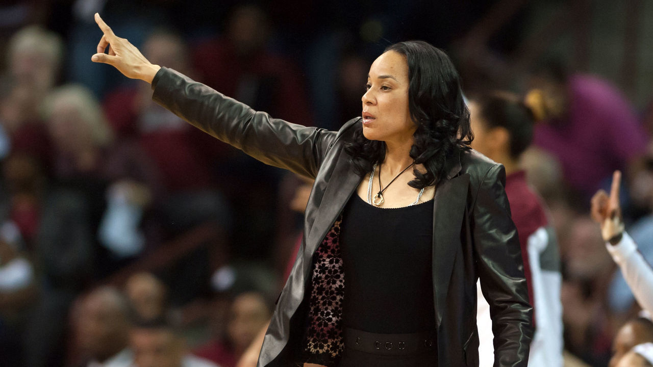 COLUMBIA, SC - FEBRUARY 08: Head coach Dawn Staley of the South Carolina Gamecocks directs her team against the Connecticut Huskies at Colonial Life Arena on February 8, 2016 in Columbia, South Carolina.