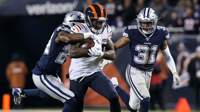 CHICAGO, ILLINOIS - DECEMBER 05: Cordarrelle Patterson #84 of the Chicago Bears runs with the ball while being chased by Chidobe Awuzie #24 of the Dallas Cowboys in the third quarter at Soldier Field on December 05, 2019 in Chicago, Illinois.