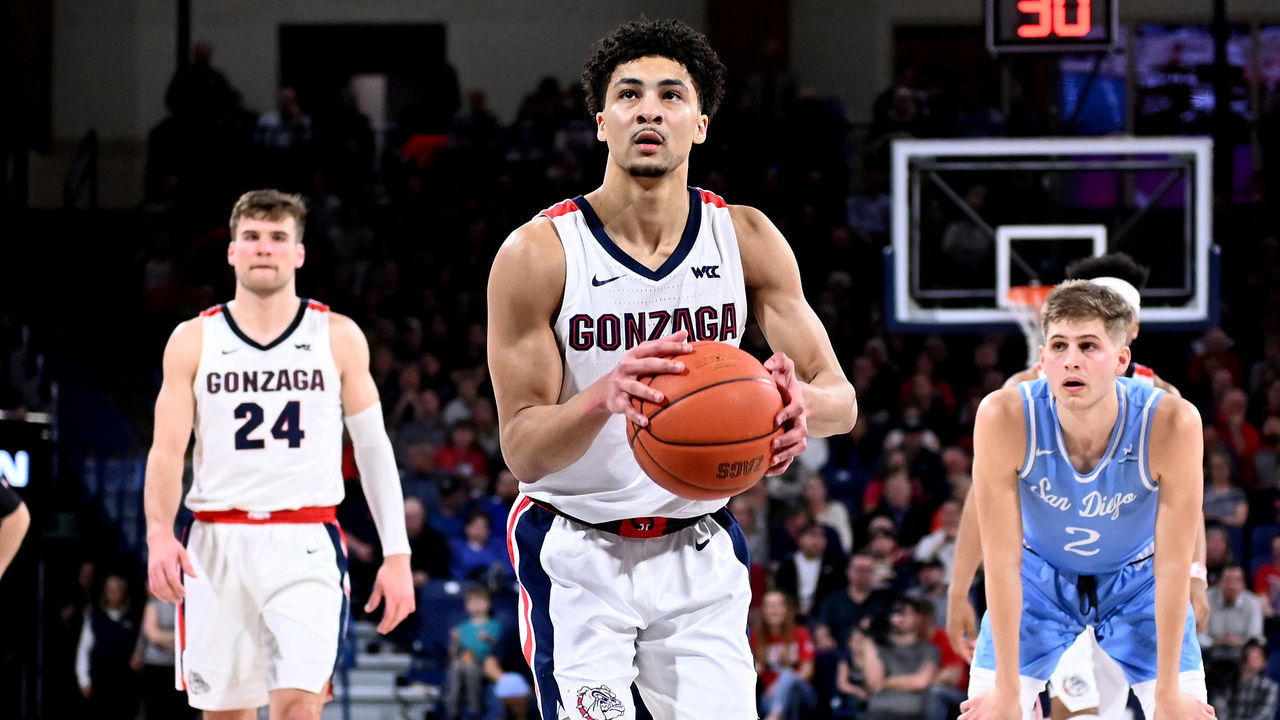 SPOKANE, WA - FEBRUARY 27: Gonzaga guard Ryan Woolridge (4) at the free throw line during the game between the San Diego Toreros and the Gonzaga Bulldogs on February 27, 2020, at the McCarthey Athletic Center in Spokane, Washington.